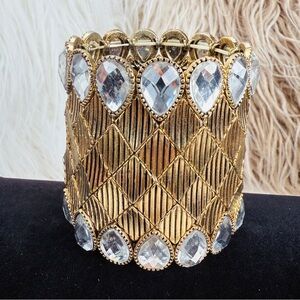 Vintage aged goldtone wide band stretch bracelet small